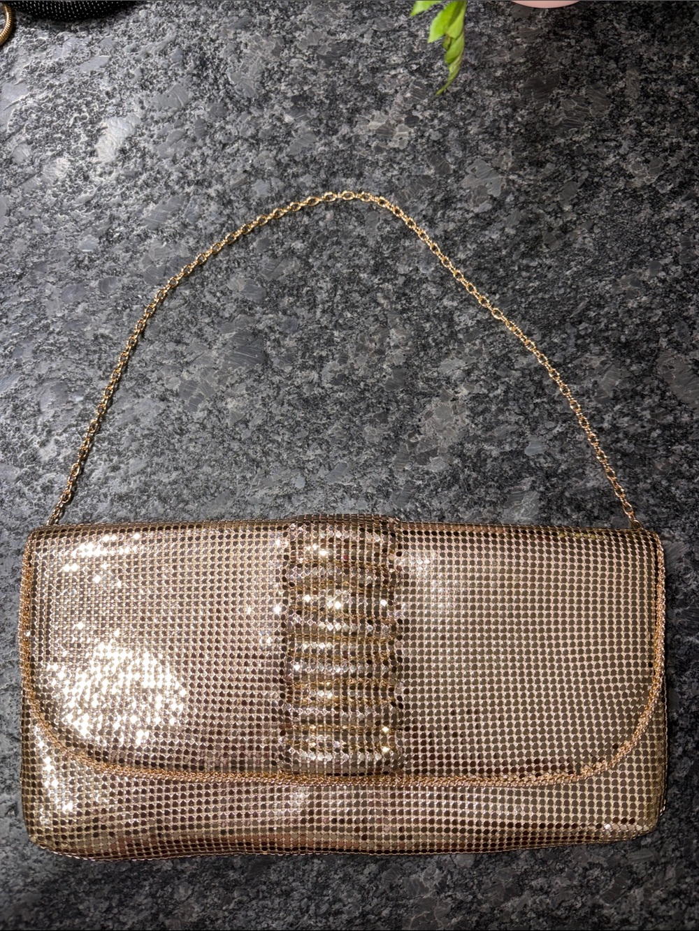 BCBGMaxAzria Gold Metallic Mesh Chain-Handle Clutch